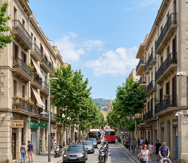 Vistas de la avenida, comercios, fincas y el entorno seguro del histórico Camí Ral de Castelldefels